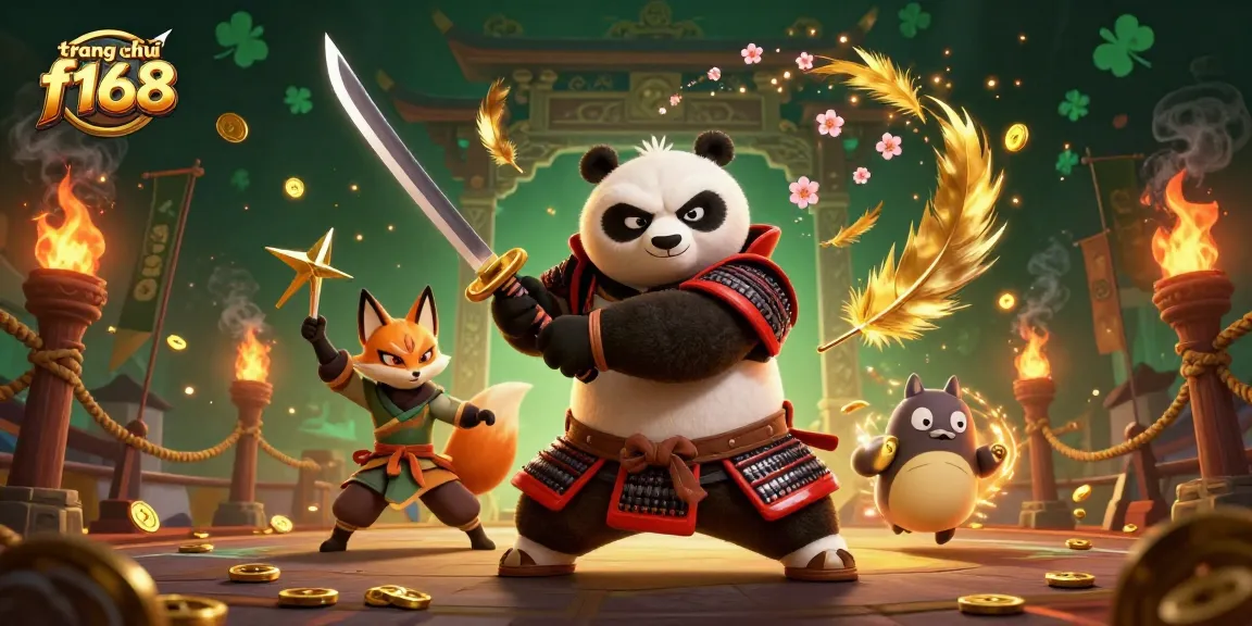Experience the excitement of trang chủ f168 with a dynamic illustration featuring a samurai panda, ninja fox, and spirit tanuki.