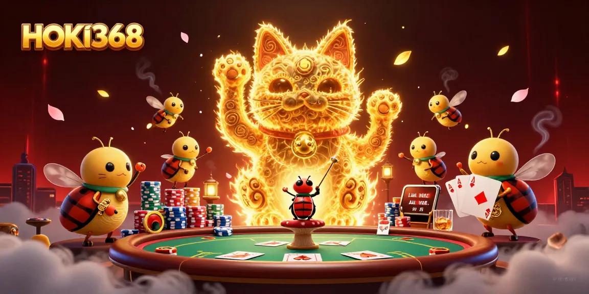 Win big with HOKI368's dynamic scene of a lucky cat and poker elements.