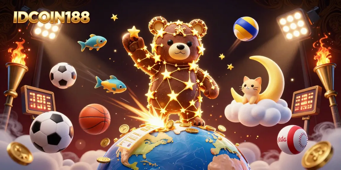Engage with IDCOIN188, showcasing vibrant 3D sports bets, coins, and celestial characters in a rich casino scene.