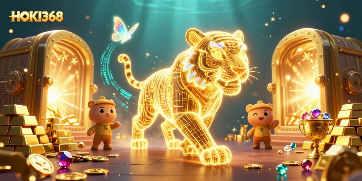 Engage in the thrilling realm of HOKI368 casino, where a golden tiger embodies excitement, surrounded by riches.