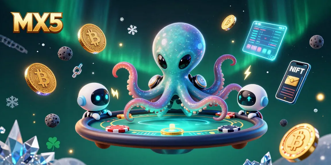 Engage in thrilling gameplay at MX5's cosmic poker table with alien creatures and vibrant cryptocurrency elements.