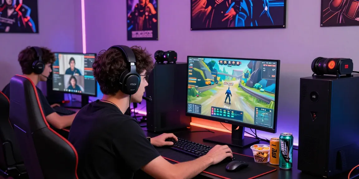 นักเล่นเกมที่กำลังเล่น playme8 ในสภาพแวดล้อมที่มีชีวิตชีวา พร้อมกับของว่างและเครื่องดื่มพลังงานบนโต๊ะ