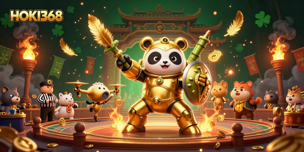 Experience thrilling wins at HOKI368 with a golden panda piloting a robot in an exciting casino arena.