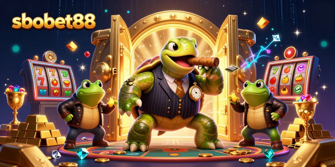 sbobet88 showcases a vibrant casino scene with a turtle mobster and bullfrogs among slot reels.