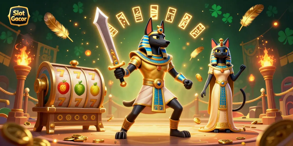 Memainkan Slot Gacor dengan elemen slot cerah, Anubis dan Bastet dalam suasana yang hidup.