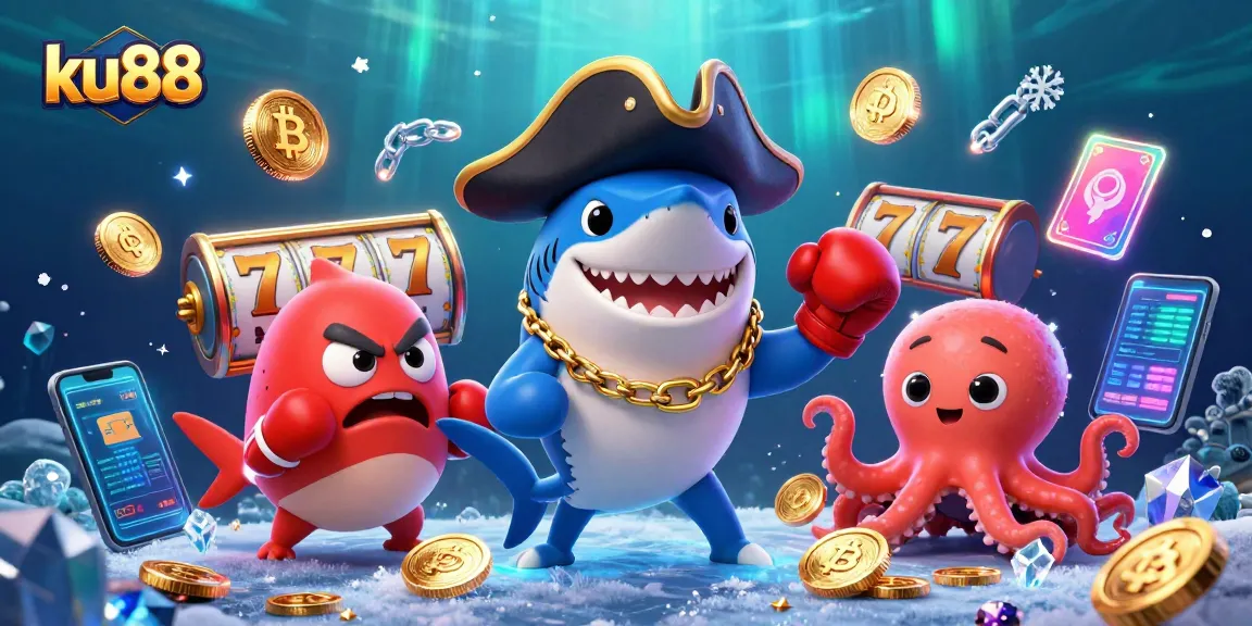 Engage in thrilling online gaming with ku88's vibrant scene showcasing a pirate shark, pufferfish, and octopus.
