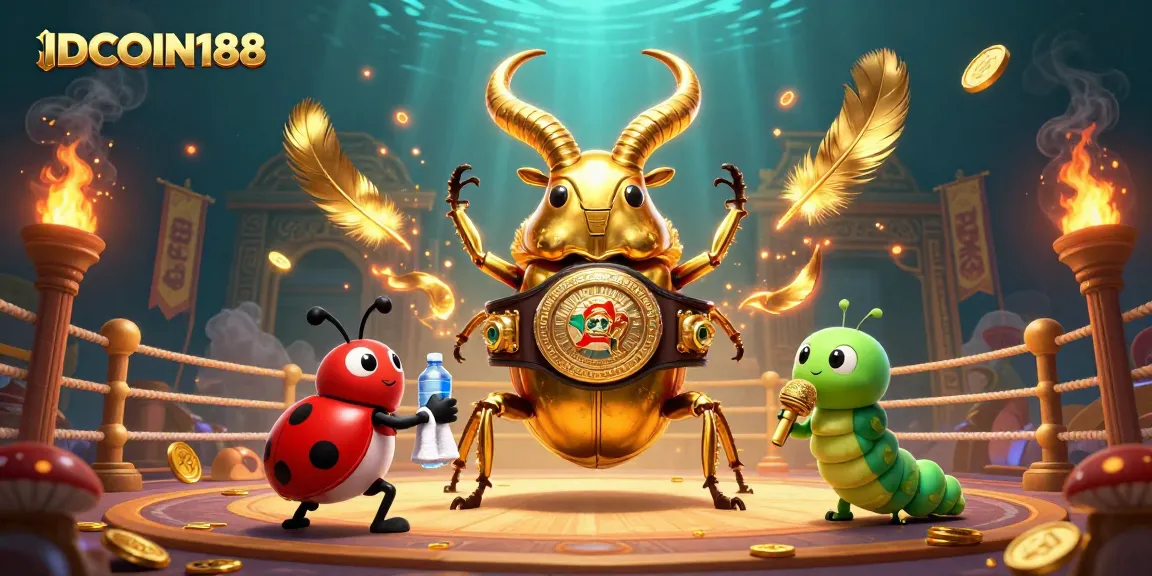 IDCOIN188 engages in a vibrant 3D casino showdown featuring a golden stag beetle and atmospheric betting elements.