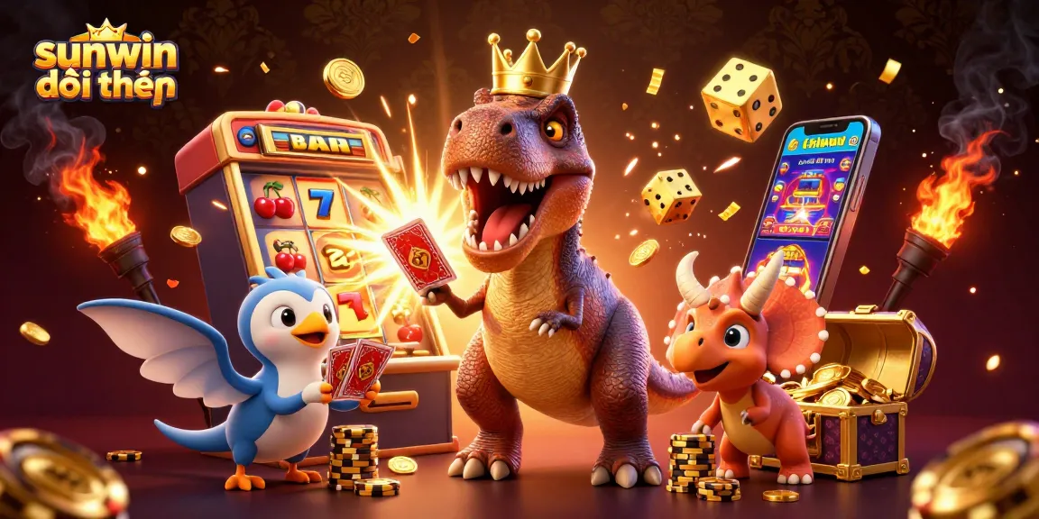 Join the excitement of sunwin đổi thưởng with playful dinosaurs in a vibrant casino scene.