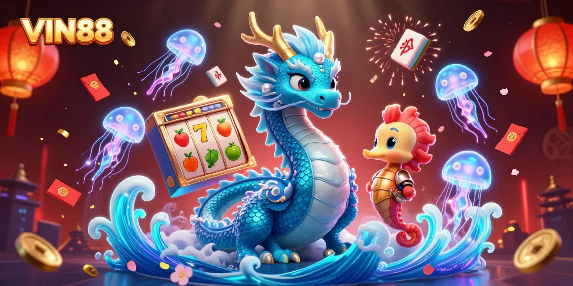 Experience the thrilling world of VIN88 as the dragon and seahorse knight explore dynamic slot reels.