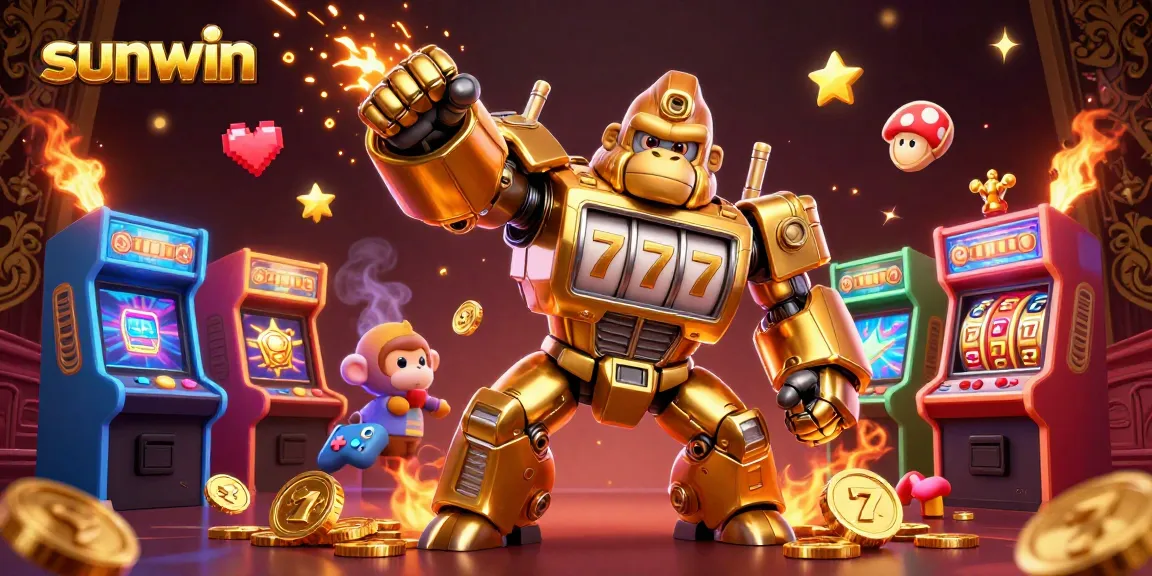 Engage with the excitement of sunwin's 3D illustration featuring a golden gorilla mech in a casino-themed scene.