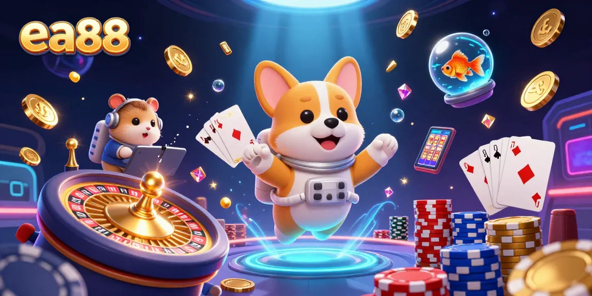 Experience thrilling gaming action with ea88's immersive space casino scene featuring cartoon characters.