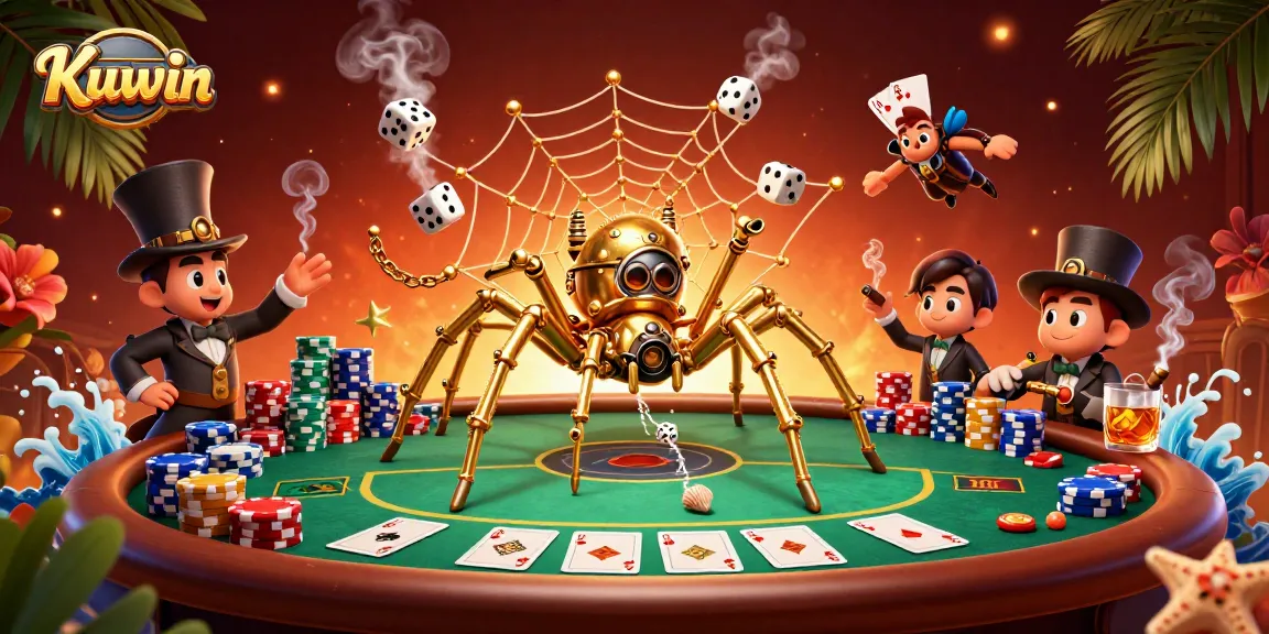 Experience Kuwin’s thrilling atmosphere with a golden steampunk spider catching dice in a vibrant casino scene.