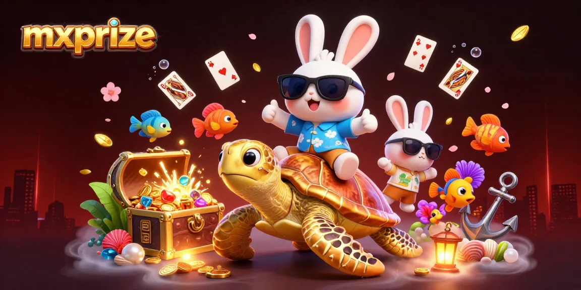 Play thrilling games with mxprize at this vibrant casino-themed illustration featuring colorful characters and underwater treasures.