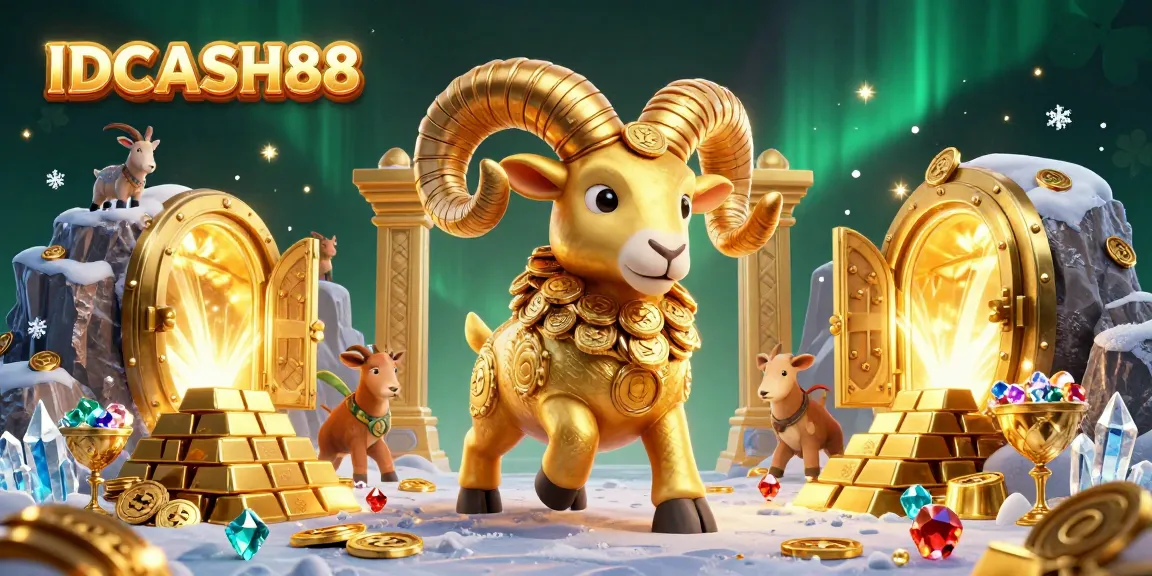 Experience the thrill of gaming at IDCASH88 with vibrant golden visuals, showcasing a cartoon ram plunging toward treasure.