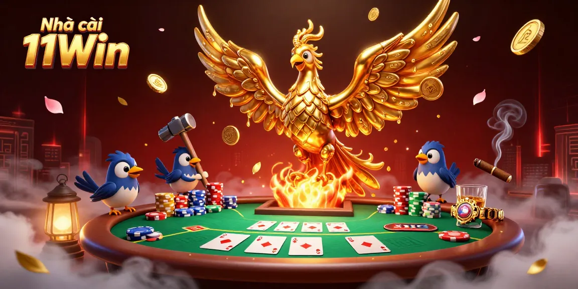 Experience the energy of Nhà cái 11Win with a golden phoenix and vibrant poker elements amid dynamic casino action.