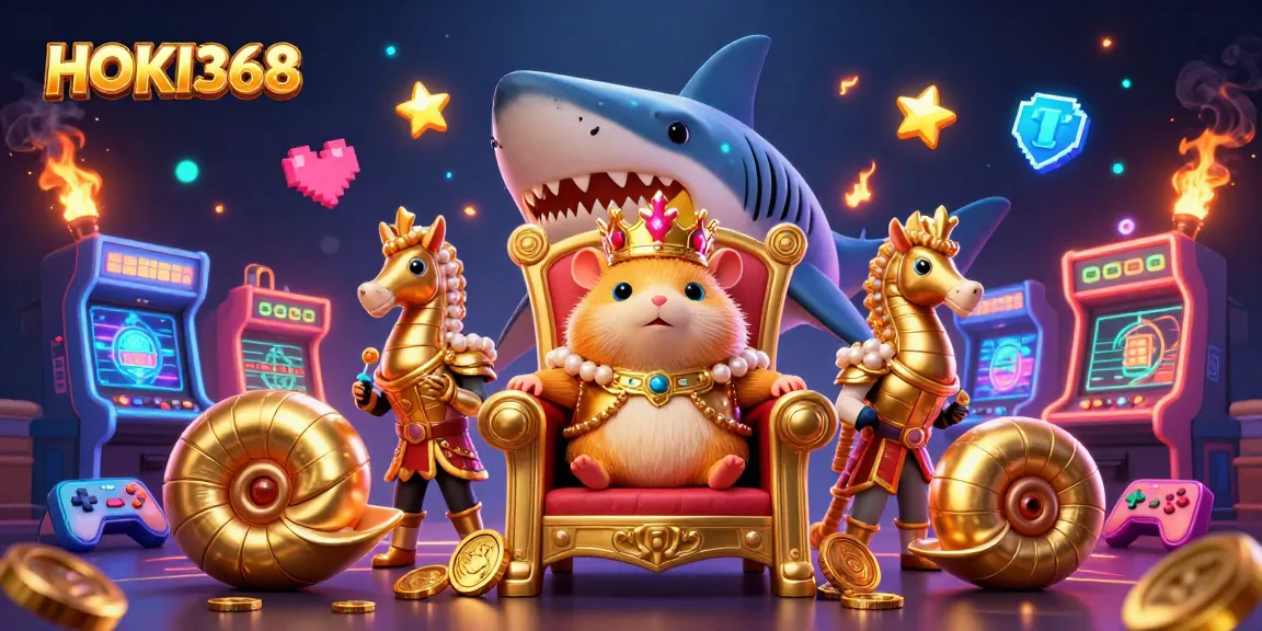 Engage with the vibrant gaming experience of HOKI368 featuring a golden hamster king in a charismatic casino throne surrounded by arcade elements.