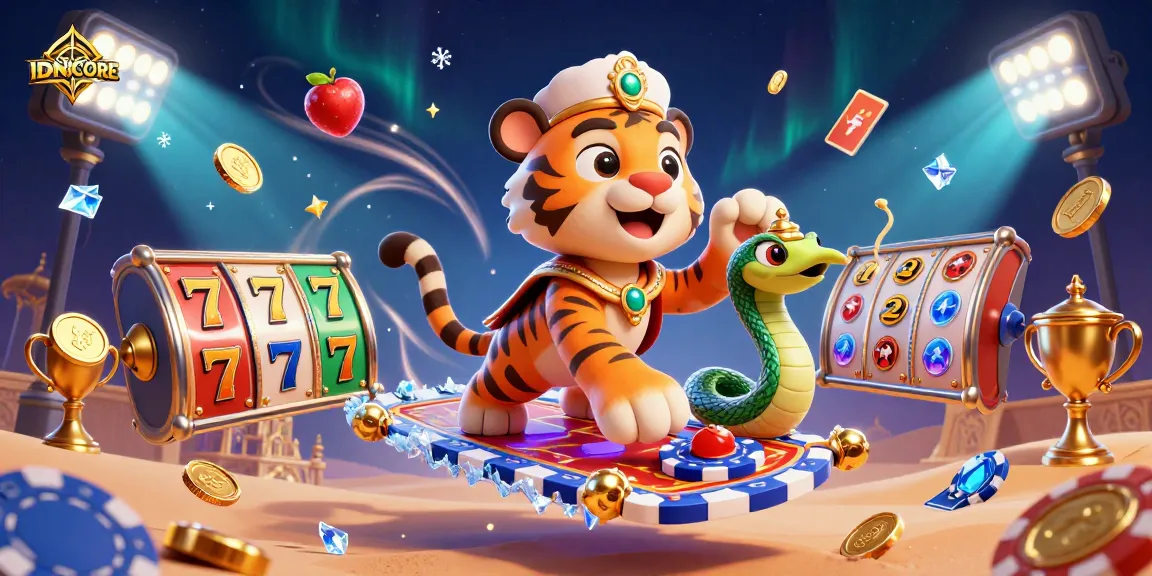 IDNSCORE showcases a thrilling scene of Arabian Nights-themed gambling with vibrant slot elements and a tiger sultan.
