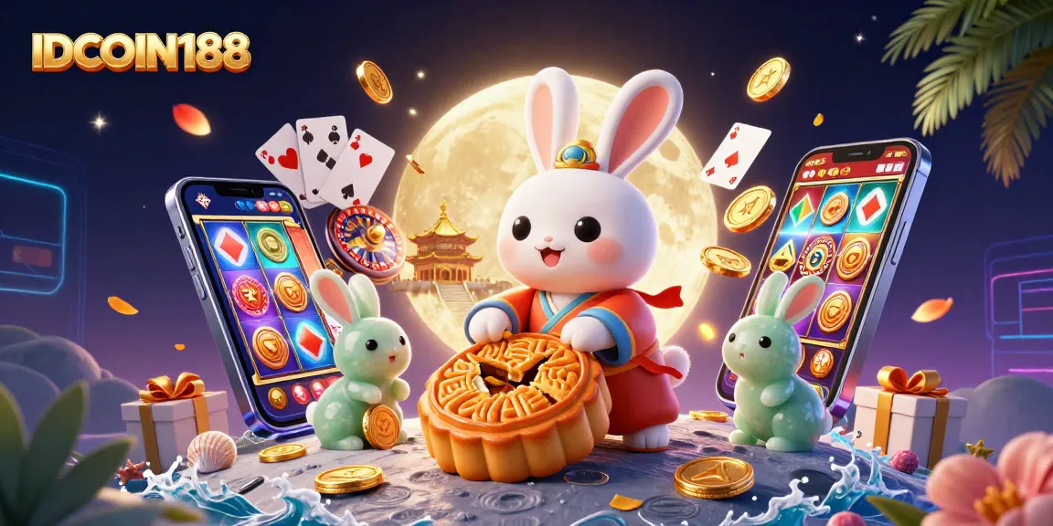 IDCOIN188 showcases a vibrant 3D moon rabbit scene with casino elements and rich details.